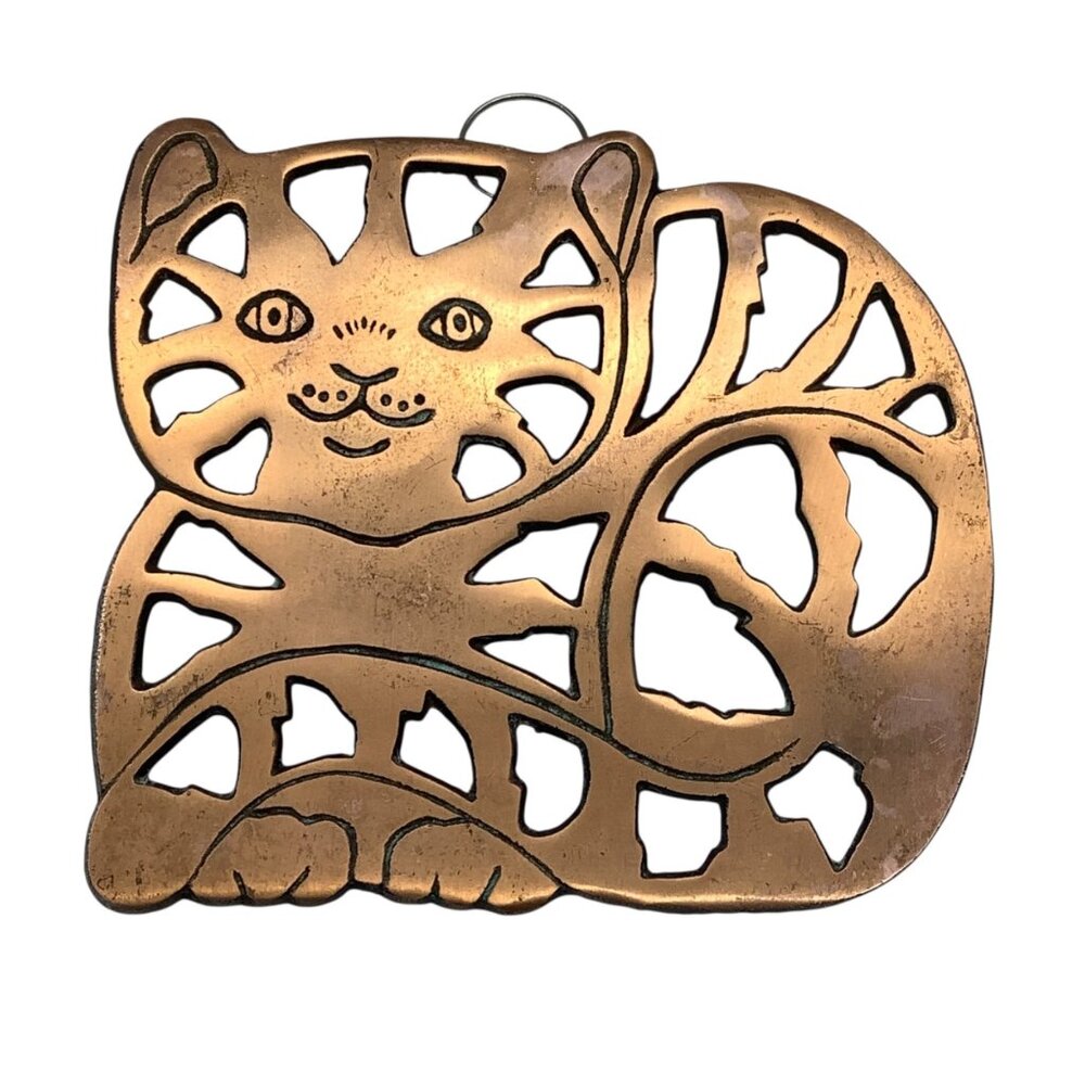 Vintage 1995 Copper Cat Trivet Wall Art 7.5"x6.5" Cast Iron Wall Hanging‎ Loop